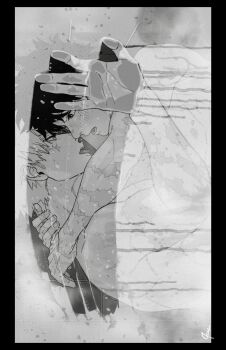 Rule 34 | 2boys, 9 a zq, absurdres, bakugou katsuki, black border, blush, boku no hero academia, border, commentary request, condensation, eye contact, from side, greyscale, highres, looking at another, male focus, midoriya izuku, monochrome, multiple boys, nude, scar, scar on arm, scar on face, scar on hand, shared bathing, short hair, shower (place), sideways, signature, spiked hair, tongue, tongue out, upper body, window fog, yaoi