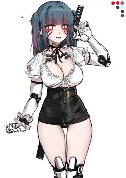 1girl absurdres belt black_belt black_panties black_ribbon breasts closed_mouth color_guide cropped_shirt frilled_sleeves frills hand_up heart high-waist_skirt highres jirai_kei joints k0ng large_breasts looking_at_viewer mechanical_arms mechanical_legs medium_hair neck_ribbon original panties purple_hair red_eyes ribbon robot_joints shirt short_sleeves skirt smile solo sword sword_on_back two_side_up underboob underwear variant_set weapon weapon_on_back white_shirt