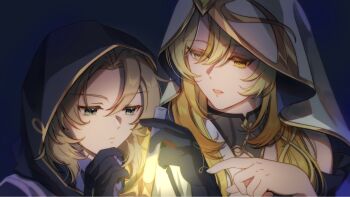 Rule 34 | 1boy, 1girl, albedo (genshin impact), black gloves, black hood, blonde hair, blue eyes, commentary request, dark background, genshin impact, gloves, glowing, highres, hood, hood up, long hair, medium hair, mother and son, open mouth, pointing, rhinedottir (genshin impact), ri hu hu, test tube, upper body, veil, white veil, yellow eyes