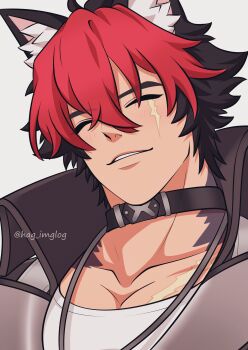 1boy absurdres animal_ear_fluff animal_ears black_hair black_jacket blush closed_eyes collar collarbone commentary_request crossed_bangs dog_boy dog_ears grey_background hag_imglog hair_between_eyes highres jacket komano_manato male_focus multicolored_hair multiple_scars parted_lips portrait red_hair scar scar_on_chest scar_on_face shirt short_hair simple_background solo twitter_username white_shirt zenless_zone_zero