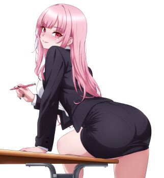 1girl absurdres alternate_costume ass bilingual_commentary black_jacket black_skirt blunt_bangs breasts collared_shirt commentary english_commentary from_behind highres holding holding_pencil hololive hololive_english jacket large_breasts long_hair long_sleeves looking_at_viewer looking_back miniskirt mixed-language_commentary mori_calliope p-nekoe pantylines pencil pencil_skirt pink_eyes pink_hair shirt shirt_tucked_in sidelocks simple_background skirt solo suit_jacket teacher virtual_youtuber white_background white_shirt