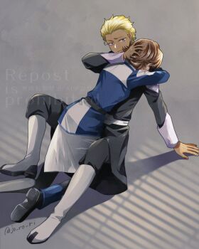 1boy 1girl arm_around_neck arms_around_neck black_jacket black_pants blonde_hair blue_jacket boots brown_hair couple dark-skinned_male dark_skin dearka_elsman foot_out_of_frame full_body grey_background gundam gundam_seed hand_in_another&#039;s_hair hetero hug jacket jo_ro_ri kneeling military_uniform miriallia_haw pants short_hair sitting twitter_username