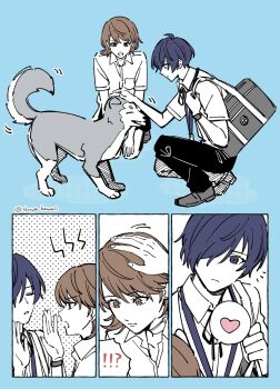 !? 1boy 1girl animal bag black_pants black_skirt blue_background blue_eyes blue_hair brown_eyes brown_hair choker closed_mouth collared_shirt commentary_request digital_media_player dog earrings from_side full_body gekkoukan_high_school_uniform grey_dog hair_over_one_eye hand_on_another&#039;s_head headpat heart heart_choker highres ikuya_kawaii jewelry koromaru_(persona) looking_at_another miniskirt motion_lines notice_lines open_mouth pants persona persona_3 profile school_uniform shirt short_hair short_sleeves shoulder_bag skirt spoken_heart spoken_interrobang squatting stud_earrings summer_uniform takeba_yukari twitter_username upper_body white_choker white_shirt yuuki_makoto_(persona_3)