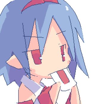 1girl archived_source asami_natsuhito blue_hair deformed detached_collar detached_sleeves disgaea eating hairband holding jaggy_lines long_sleeves lowres medium_hair nippon_ichi no_sclera pleinair red_eyes red_hairband simple_background solo upper_body white_background white_sleeves