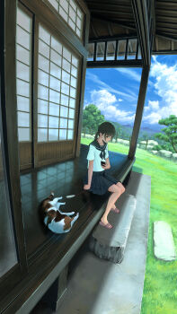 1girl absurdres animal architecture banken black_hair blue_neckerchief blue_sailor_collar blue_skirt blue_sky blush boulder bush calico_(pattern) calico_cat cat cat_teaser cellphone closed_mouth cloud cloudy_sky collarbone commentary_request cumulonimbus_cloud day east_asian_architecture flip-flops from_side grass grey_eyes hair_tie hand_up highres holding holding_cat_teaser holding_phone house looking_at_animal looking_to_the_side medium_hair mountain mountainous_horizon neckerchief original outdoors phone pink_sandals pleated_skirt rural sailor_collar sandals scenery school_uniform serafuku shadow shirt short_sleeves shouji sitting skirt sky slides sliding_doors smartphone solo summer taking_picture tree twintails white_shirt wide_shot