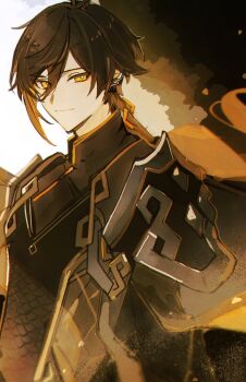 1boy black_hair brown_hair changpao chinese_clothes closed_mouth commentary_request eyeshadow genshin_impact hair_between_eyes highres kuunog long_sleeves looking_at_viewer makeup male_focus multicolored_hair orange_eyes orange_hair red_eyeshadow solo zhongli_(genshin_impact) zhongli_(lantern_rite)_(genshin_impact)