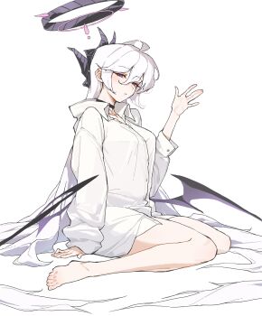 1girl aabus absurdres aged_up ahoge blue_archive blush breasts collared_shirt demon_girl demon_horns demon_wings hair_ornament halo highres hina_(blue_archive) horns long_hair looking_at_viewer parted_bangs purple_eyes shirt sitting solo wariza white_hair white_shirt wings