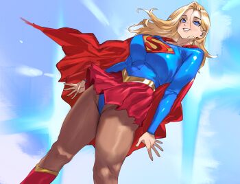 1girl blonde_hair blue_bodysuit blue_eyes blue_leotard bodysuit boots breasts cape commentary dc_comics english_commentary grin hair_behind_ear highres large_breasts leotard long_hair outdoors pantyhose pleated_skirt red_boots red_cape red_skirt skirt sky smile solo standing supergirl superhero_costume superman_(series) superman_logo taiyang_yu