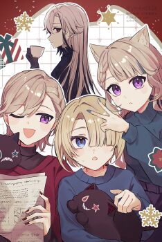2boys 2girls animal_ears arlecchino_(genshin_impact) black_eyes black_gloves black_hair black_shirt blonde_hair blue_eyes blue_sweater cat_ears cat_girl cup freminet_(genshin_impact) genshin_impact gloves hair_between_eyes highres holding holding_cup holding_paper long_hair long_sleeves lynette_(genshin_impact) lyney_(genshin_impact) multicolored_hair multiple_boys multiple_girls one_eye_closed open_mouth paper purple_eyes red_shirt rosseland_(genshin_impact) shirt short_hair smile streaked_hair sweater symbol-shaped_pupils turtleneck v white_hair x-shaped_pupils ymdm0826