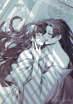 Rule 34 | 1boy, 1girl, arm around waist, bare shoulders, biting, biting cheek, blunt bangs, blush, chii (chi hrd), closed eyes, commentary request, couple, grin, hand on another's cheek, hand on another's chest, hand on another's face, hetero, highres, jinshi (kusuriya no hitorigoto), kusuriya no hitorigoto, long hair, looking at another, maomao (kusuriya no hitorigoto), open clothes, open mouth, parted bangs, parted lips, smile, teeth, twitter username