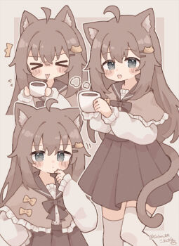 >_< 1girl :d :p ^^^ absurdres ahoge animal_ear_fluff animal_ears biachan_(colon_br) blush brown_background brown_capelet brown_hair brown_sailor_collar brown_skirt brown_tail capelet cat_ears cat_girl cat_hair_ornament cat_tail closed_mouth coffee colon_br commentary_request cup dot_mouth drink frilled_capelet frilled_sleeves frills green_eyes hair_ornament hand_on_own_chin hand_up hands_up highres holding holding_cup holding_drink long_hair long_sleeves looking_at_viewer multiple_views open_mouth original pleated_skirt sailor_collar shirt skirt smile tail thighhighs tongue tongue_out twitter_username white_shirt white_thighhighs