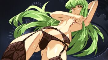 1girl arm_up armpits aseiusx black_garter_belt black_panties breasts c.c. code_geass colored_pubic_hair commentary covering_breasts covering_privates english_commentary female_pubic_hair garter_belt gluteal_fold green_hair green_pubic_hair long_hair medium_breasts navel orange_eyes panties parted_lips pubic_hair pubic_hair_peek scar scar_on_chest solo stomach sweat thighs topless_female underwear underwear_only