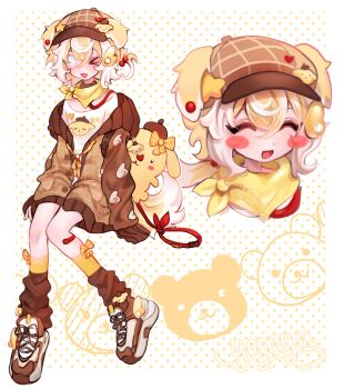 1girl absurdres animal_ears blush_stickers brown_hat brown_jacket brown_shoes brown_socks closed_eyes cloud_(lufaeris) dog_ears dog_girl dog_tail double-parted_bangs eyepatch full_body hair_between_eyes hat highres jacket multiple_views open_mouth original shirt shoes smile socks tail white_shirt