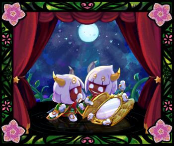 blunt_bangs commentary_request curtains dimension_mirror empty_eyes eyelashes fangs flower full_moon gloves highres holding holding_mirror horns kirby:_triple_deluxe kirby_(series) leaf mirror moon night nintendo old_friend_(kirby) open_mouth orange_(kylatp01o1) pink_flower plant queen_sectonia rayman_limbs ripples smile star_(sky) taranza vines white_gloves white_hair