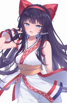 1girl ainu_clothes arm_behind_back arm_up artist_name blue_eyes breasts hair_ribbon highres long_hair looking_at_viewer medium_breasts nakoruru open_mouth pants purple_hair ribbon samurai_spirits smile snk solo the_king_of_fighters tongue