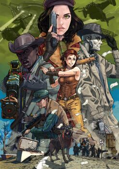 absurdres adjusting_clothes adjusting_headwear aircraft airship android banknote baseball_bat belt black_gloves black_hair black_hat blue_eyes blue_necktie bracer breasts brotherhood_of_steel brown_belt brown_coat brown_hair brown_hat brown_jacket brown_vest cait_(fallout_4) coat commentary cowboy_hat cracked_road dirt dogmeat fallout fallout_4 fingerless_gloves gloves green_eyes green_hat green_jumpsuit green_scarf gun handgun hat highres holding holding_baseball_bat holding_gun holding_weapon jacket jumpsuit kepi lips medium_breasts medium_hair military_hat money nail_(hardware) nail_bat necktie newsboy_cap nick_valentine open_mouth pants parted_lips piper_wright post-apocalypse power_armor_(fallout) preston_garvey raider_(fallout) raikou_(yorimitsu) red_coat refrigerator revolver rifle road road_sign robert_maccready scarf science_fiction scope short_hair sign sleeveless sleeveless_jacket smile sniper_rifle speed_limit_sign standing trench_coat vertibird vest weapon yellow_pants