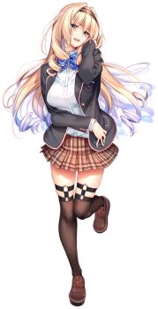 Rule 34 | 1girl, black hairband, black jacket, black thighhighs, blonde hair, blue bow, blue bowtie, blue eyes, blush, bow, bowtie, breasts, brown shoes, brown skirt, collared shirt, full body, hair intakes, hairband, hand up, hanikami kanojo, head tilt, jacket, large breasts, loafers, long sleeves, looking at viewer, miniskirt, official art, open clothes, open jacket, open mouth, piromizu, plaid clothes, plaid skirt, pleated skirt, ringlets, school uniform, shirt, shoes, simple background, skirt, smile, solo, standing, standing on one leg, striped bow, striped bowtie, striped clothes, tachi-e, thighhighs, transparent background, white shirt, wing collar