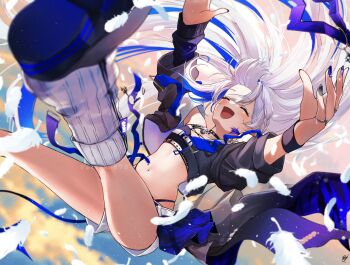 1girl amane_kanata amane_kanata_(lock_on) black_choker black_jacket black_nails black_shoes black_sports_bra blue_halo blue_nails blurry blurry_background braid choker commentary_request cropped_jacket day falling_feathers feathers hair_rings halo highleg highleg_panties highres hololive jacket jewelry leg_warmers long_hair midair multiple_rings nail_polish navel o-ring o-ring_choker official_alternate_costume official_alternate_hairstyle open_mouth outdoors panties panty_straps pecco_(pecco297) ring shoes short_shorts shorts side_braid smile solo sports_bra star_halo stomach three-quarter_sleeves underwear very_long_hair virtual_graduation_commemoration virtual_youtuber white_leg_warmers white_shorts
