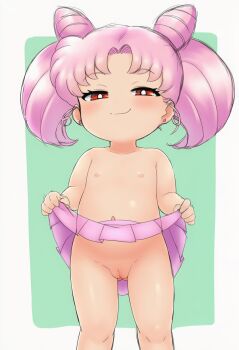 1girl bishoujo_senshi_sailor_moon blush chibi_usa closed_mouth clothes_lift collarbone cowboy_shot earrings flat_chest functionally_nude gluteal_fold green_background grey_background half-closed_eyes jewelry loli looking_at_viewer naughty_face nipples no_panties pink_hair pleated_skirt pussy puyopopper red_eyes short_hair simple_background skirt skirt_lift smile solo standing twintails uncensored