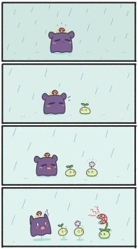 4koma 4others ? absurdres blob chibi comic commentary creature crossover english_commentary fang flower flower_on_head halo highres hololive hololive_english mario_(series) mpien multiple_others mushroom_on_head nintendo octopus open_mouth piranha_plant plant rain sapling_(ceres_fauna) sharp_teeth silent_comic sparkling_eyes sprout_on_head surprised takodachi_(ninomae_ina&#039;nis) teeth virtual_youtuber