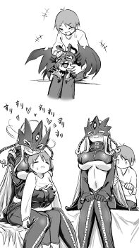 >_< 1boy 1girl :3 beelstarmon before_and_after belt blush breasts brushing_hair closed_eyes closed_mouth coat comb commentary_request creature cuddling digimon digimon_(creature) eye_mask fangs fangs_out gloves hair_between_eyes heart highres holding holding_comb hug hug_from_behind large_breasts leather leather_pants long_hair long_sleeves mask monochrome navel nekomaru_(nekko_11kf00) open_mouth pants picodevimon shirt sidelocks sitting smile stomach sweatdrop third_eye tight_clothes tight_pants underboob vest zipper