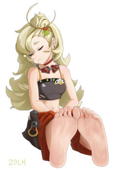 1girl absurdres artist_name bare_arms bare_shoulders barefoot blonde_hair breasts choker commentary crop_top drooling earrings feet foot_focus green_eyes highres jewelry long_hair midriff navel one_eye_closed pants petite piper_wheel red_choker red_pants simple_background sitting small_breasts soles solo toes white_background zdlh zenless_zone_zero