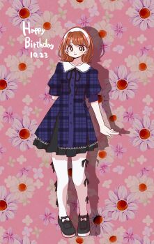 :3 arm_behind_back black_dress black_shoes boku_no_kokoro_no_yabai_yatsu brown_eyes brown_hair closed_mouth collared_dress commentary_request dated dress floral_background full_body hairband happy_birthday highres looking_at_viewer medium_hair official_art pantyhose sakurai_norio sekine_moeko shoes short_sleeves standing white_hairband white_pantyhose