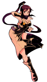 1girl absurdres adjusting_clothes adjusting_gloves bare_shoulders black_hair black_thighhighs blue_eyes boots breasts cleavage clenched_hands commentary_request dress gloves high_ponytail highres index_finger_raised large_breasts long_hair nakatsukasa_tsubaki open_mouth pinky_out ponytail scarf side_slit single_thighhigh sleeveless sleeveless_dress solo soul_eater standing standing_on_one_leg thighhighs vakodraws very_long_hair