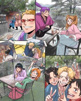 3girls 6+boys black_eyes black_hair blonde_hair blue_hanbok blush brother_and_sister brothers brown_eyes chair charlotte_cracker charlotte_pudding closed_eyes closed_mouth crocodile_(one_piece) donquixote_doflamingo donquixote_rocinante dracule_mihawk dundun998 earrings extra_eyes facial_hair flower_wreath goatee green_hair green_hanbok hanbok hat highres jewelry korean_clothes long_hair middle_finger monkey_d._luffy multiple_boys multiple_girls nami_(one_piece) nico_robin one_eye_closed one_piece open_mouth orange_hair outdoors photo_(object) photo_background pink_hanbok portgas_d._ace purple_hanbok red_hanbok roronoa_zoro sabo_(one_piece) sanji_(one_piece) scar scar_across_eye scar_on_face short_hair siblings sitting sleeping smile sunglasses table teeth top_hat trafalgar_law v