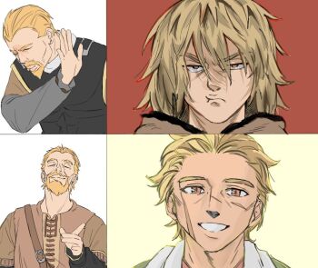2boys age_progression armor askeladd be8bx black_armor blonde_hair breastplate brown_capelet brown_eyes capelet closed_eyes derivative_work drakeposting_(meme) facial_hair facial_scar frown furrowed_brow goatee grey_shirt grin hair_between_eyes hair_slicked_back male_focus medium_hair meme multiple_boys multiple_scars multiple_views parted_bangs scar scar_on_cheek scar_on_face scar_on_nose shirt short_hair smile teeth thorfinn upper_body vinland_saga white_shirt