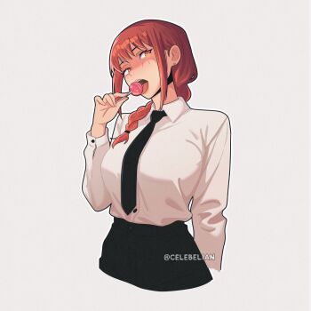 1girl arm_behind_back black_necktie black_pants blush braid breasts candy celebelian chainsaw_man collared_shirt cowboy_shot cropped_legs earrings food grey_background hair_over_shoulder highres holding holding_candy holding_food holding_lollipop jewelry lollipop long_hair long_sleeves makima_(chainsaw_man) medium_breasts necktie open_mouth orange_eyes pants partially_shaded_face red_hair ringed_eyes shirt sidelocks single_braid solo stud_earrings tongue tongue_out twitter_username white_shirt