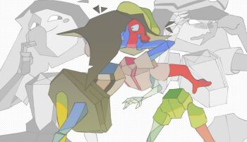 Rule 34 | 2girls, black hair, blue skin, blunt bangs, blunt ends, bob cut, colored skin, cubism, ena: dream bbq, ena (dream bbq), ena (ena), ena (series), ena (species), ena (web series), floating head, green hat, happy ena, hat, highres, kiss, low poly, meanie ena, multicolored skin, multiple girls, open mouth, red skin, shirt, short sleeves, simple background, smile, split-color skin, surprise kiss, surprised, tamurmurin, two-tone skin, white shirt, yuri