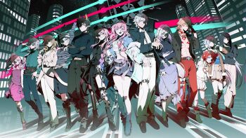4boys 6+girls abs aglaea_(honkai:_star_rail) ahoge anaxa_(honkai:_star_rail) animal_ears black_coat black_hair black_shirt black_skirt blonde_hair blue_eyes blue_hair blue_jacket breasts building castorice_(honkai:_star_rail) cat_ears cat_girl cat_tail cerydra_(honkai:_star_rail) chest_tattoo chrysos_heirs_(honkai:_star_rail) cipher_(honkai:_star_rail) coat commentary_request crop_top crossed_arms cyrene_(honkai:_star_rail) cyrene_(nylon_japan)_(honkai:_star_rail) cyrene_(ripples_of_past_reverie)_(honkai:_star_rail) dan_heng_(honkai:_star_rail) dan_heng_(permansor_terrae)_(honkai:_star_rail) dragon_boy dragon_horns dress eastern_dragon_horns evernight_(honkai:_star_rail) green_pants green_shirt grey_skirt guest_art highres honkai:_star_rail honkai_(series) horns hyacine_(honkai:_star_rail) hysilens_(honkai:_star_rail) jacket large_breasts long_hair march_7th_(honkai:_star_rail) medium_breasts midriff miniskirt multiple_boys multiple_girls mydei_(honkai:_star_rail) official_alternate_costume open_clothes open_shirt outdoors pants phainon_(honkai:_star_rail) pink_hair purple_dress purple_eyes red_hair red_tattoo shirt short_hair sidu_(dsd_kgn) skirt skyscraper small_breasts striped_clothes striped_sweater sweater tail tattoo toned toned_male traffic_light tribbie_(honkai:_star_rail) very_long_hair white_hair white_pants white_shirt white_skirt