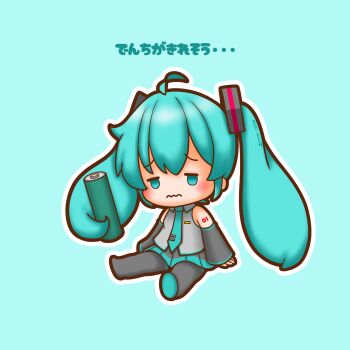 Rule 34 | 1girl, absurdres, ahoge, aqua eyes, aqua hair, aqua necktie, battery, black boots, boots, chibi, chibi only, commentary request, detached sleeves, full body, grey shirt, hatsune miku, highres, holding, long hair, long sleeves, miniskirt, necktie, outline, pleated skirt, prehensile hair, sh1n chan, shirt, sitting, skirt, sleeveless, sleeveless shirt, solo, twintails, vocaloid, wavy mouth, white outline