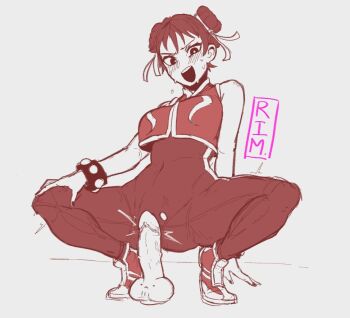 1girl breasts capcom character_request chun-li dildo female_masturbation full_body grey_background hair_bun large_breasts looking_down masturbation mir_(miryumiya) monochrome open_mouth pants pussy red_theme sex_toy shoes simple_background smile sneakers squatting street_fighter torn_clothes