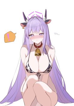 ! 1girl alternate_costume animal_collar animal_ear_hairband animal_ears animal_print arms_between_legs bare_legs bell bikini blue_archive blush breasts bright_pupils collar collarbone commentary_request cow_ear_hairband cow_ears cow_horns cow_print cow_print_bikini ear_tag fake_animal_ears fake_horns feet_out_of_frame hairband halo horns large_breasts long_hair looking_at_viewer neck_bell nose_blush print_bikini purple_eyes purple_hair sideboob simple_background solo spoken_exclamation_mark straight_hair string_bikini swimsuit underboob utaha_(blue_archive) very_long_hair white_background white_pupils yukki83130530