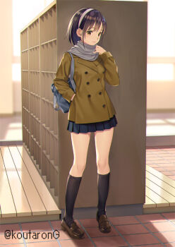 1girl bag black_skirt black_socks brown_eyes brown_hair brown_jacket brown_shoes closed_mouth commentary_request full_body grey_scarf hairband hand_up indoors jacket kneehighs koutaro loafers long_sleeves original pleated_skirt scarf school_bag school_uniform shoes skirt smile socks solo standing tile_floor tiles twitter_username white_hairband
