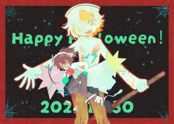 2girls ascot black_pants blonde_hair breasts brown_hair cable cleavage commentary cosplay dark-skinned_female dark_skin dress frankenstein&#039;s_monster frankenstein&#039;s_monster_(cosplay) hair_intakes hat highres holding holding_weapon kromer_(project_moon) limbus_company multicolored_hair multiple_girls nelly_(project_moon) nurse_cap object_through_head open_mouth pants ponytail project_moon red_ascot screw_in_head smile streaked_hair symbol-only_commentary weapon white_dress white_hair white_hat yellow_eyes yesheng_zong_ren