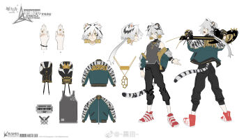 1girl ambience_synesthesia androgynous animal_ears arknights bilingual_commentary black_pants black_shirt black_tank_top boxing_gloves chinese_commentary commentary english_commentary full_body green_jacket highres indra_(ambience_synesthesia)_(arknights) indra_(arknights) injury jacket kuroblood mixed-language_commentary multiple_views official_alternate_costume official_art pants red_shoes reference_sheet reverse_trap scrape shirt shoes short_hair simple_background standing sukajan tail tank_top tiger tiger_ears tiger_girl tiger_stripes tiger_tail tomboy turtleneck turtleneck_shirt undershirt white_background white_hair white_tiger