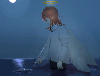 1boy afloat androgynous angel angel_devil_(chainsaw_man) angel_wings chainsaw_man collared_shirt commentary dead_animal english_commentary feathered_wings fish from_side halo highres long_sleeves looking_at_another male_focus moon night ocean outdoors pointing_at_animal profile red_eyes red_hair shirt solo standing traditional_halo wading water white_shirt white_wings wings yano_sou