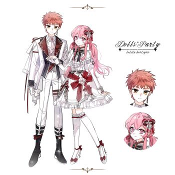 1girl artist_self-insert blush bouquet bow breasts couple dress emiya_shirou fate/stay_night fate_(series) flower formal_clothes frilled_dress frills gaoyue_jixiang gloves groom hair_ornament highres igote jacket long_sleeves male_focus momomiya_shizuku_(gaoyue_jixiang) monocle monocle_chain necktie oc_x_canon orange_hair original pants red_hair skirt sleeveless sleeveless_dress smile suit two-tone_dress white_dress white_jacket white_necktie white_pants white_suit