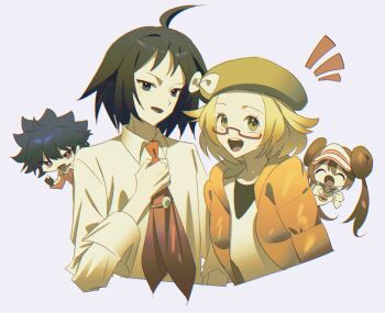 2boys 2girls :d ahoge bianca_(pokemon) black_eyes black_hair bow brown_hair cheren_(pokemon) closed_eyes collared_shirt double_bun green_eyes green_hat hair_between_eyes hair_bun hat hat_bow hugh_(pokemon) jacket kkodle2 long_hair long_sleeves looking_at_viewer multiple_boys multiple_girls necktie nintendo open_clothes open_jacket open_mouth orange_jacket pokemon pokemon_bw2 red_eyes red_necktie rosa_(pokemon) shirt short_hair smile teeth twintails upper_body upper_teeth_only visor_cap white_background white_bow white_shirt