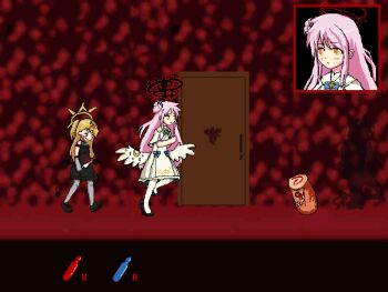 3girls black_dress blonde_hair blood blood_on_face blue_archive cake demon_tail demonophobia door dress food gehenna_academy_logo hair_bun halo hell highres ibuki_(blue_archive) kursea mika_(blue_archive) multiple_girls parody pink_hair seia_(blue_archive) swiss_roll tail white_dress wings yellow_eyes