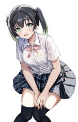 Rule 34 | 1girl, :d, black hair, black skirt, black thighhighs, blush, breasts, collared shirt, commentary request, dress shirt, feet out of frame, green eyes, green hair, highres, invisible chair, looking at viewer, love live!, love live! nijigasaki high school idol club, medium breasts, medium hair, miniskirt, multicolored hair, neck ribbon, nijigasaki school uniform, open mouth, over-kneehighs, pink ribbon, plaid, plaid skirt, pleated skirt, ribbon, school uniform, shirt, short sleeves, sidelocks, simple background, sitting, skirt, smile, solo, streaked hair, summer uniform, takasaki yu, thighhighs, twintails, two-tone hair, white background, white shirt, zaofeng