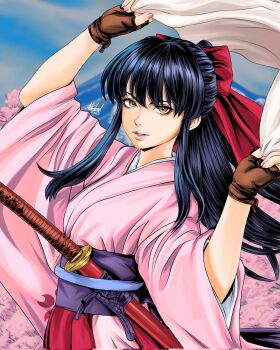 1girl arms_up artist_name black_hair bow breasts brown_eyes cherry_blossoms cloak fingerless_gloves gloves hair_ribbon highres legs long_hair long_skirt looking_at_viewer medium_breasts ponytail red_bow ribbon sakura_taisen seductive_smile sega shinguuji_sakura skirt smile solo thighs traditional_media