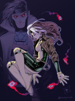 1girl animification black_hair black_sclera bodysuit card colored_sclera colored_bangs gambit gloves green_bodysuit green_headband headband highres jacket leather leather_jacket long_hair marvel multicolored_bodysuit multicolored_hair rogue_(x-men) superhero_costume two-tone_hair vashperado x-men yellow_bodysuit yellow_gloves