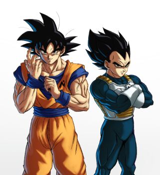 2boys armor black_eyes black_hair blue_bodysuit blue_sash blue_shirt blue_wrist_cuffs bodysuit cowboy_shot crossed_arms dougi dragon_ball dragon_ball_super highres male_focus medium_hair multiple_boys muscular muscular_male orange_pants orange_shirt pants saiyan_armor sash shirt simple_background skin_tight son_goku spiked_hair sydoria vegeta white_armor white_background wrist_cuffs