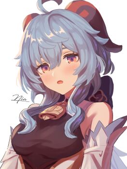 1girl absurdres bell blue_hair blush bodystocking breasts cowbell detached_sleeves ganyu_(genshin_impact) genshin_impact goat_girl goat_horns hair_between_eyes highres horns long_hair looking_at_viewer medium_breasts neck_bell niadn_nb open_mouth pink_eyes signature simple_background sleeveless sleeveless_bodystocking solo white_background