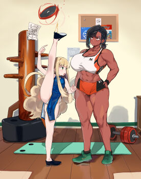 2girls abs absurdres bare_shoulders biceps black_hair blonde_hair blue_dress blush breasts brown_eyes china_dress chinese_clothes cleavage dark-skinned_female dark_skin dress dumbbell full_body green_eyes gym height_difference high_kick highres kicking large_breasts leg_lift leg_up long_hair looking_at_another magister minami_(magister) multiple_girls muscular muscular_female navel open_mouth orange_panties original panties pelvic_curtain ponytail shiratama_liliana_(magister) short_hair short_ponytail small_breasts split sports_bra standing standing_on_one_leg standing_split thick_thighs thighs underwear white_sports_bra