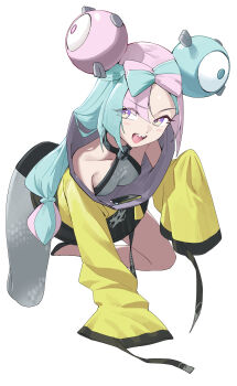 1girl blue_hair bow-shaped_hair breasts character_hair_ornament criss-cross_halter cropped_legs fake_hair_bun gen_1_pokemon grey_pantyhose hair_ornament halter_shirt halterneck hexagon_print highres iono_(pokemon) jacket long_hair magnemite medium_breasts multicolored_hair nintendo nmm open_mouth oversized_clothes pantyhose pink_hair pokemon pokemon_scarlet_and_violet sharp_teeth single_leg_pantyhose sleeves_past_fingers sleeves_past_wrists smile solo split-color_hair teeth x_(symbol) yellow_jacket